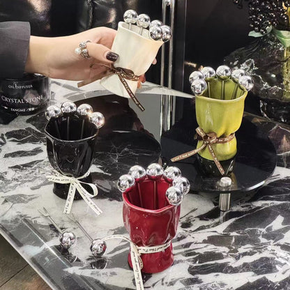Ceramic Fruit Fork Bouquet Holder - Elegant Kitchen & Dessert Table Organizer with Floral Design, Durable Eco-Friendly Material