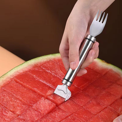 2-in-1 Stainless Steel Watermelon Cutter & Fork Slicer – Dual-Head Fruit Tool with Comfort Round Handle for Fruit Cubes (2 Pack)