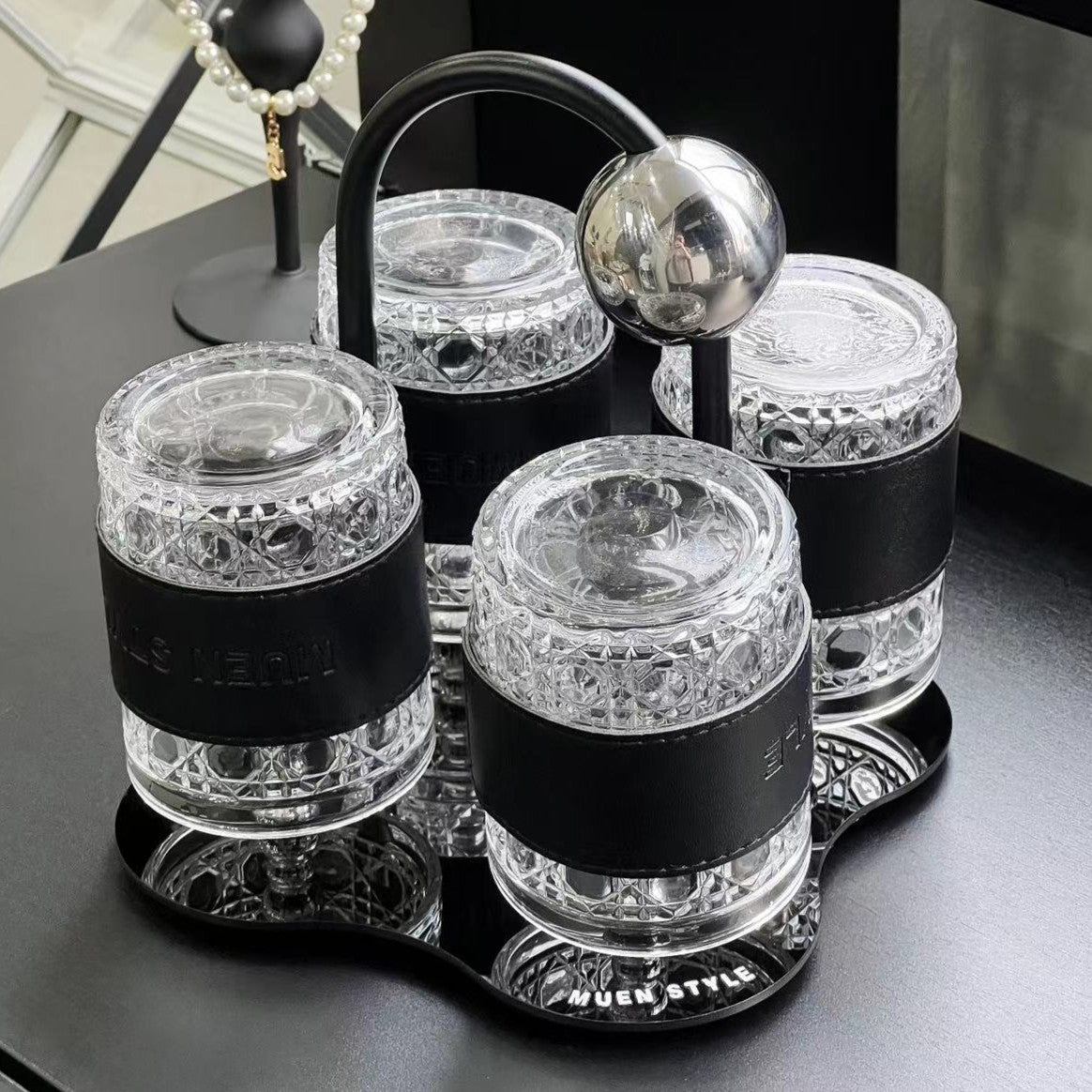 Premium Cream Style Luxury Drinkware Set - Lead-Free Glass Cups with Acrylic Tray, Modern Home Entertaining Essentials