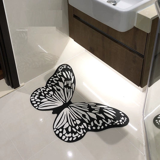 Luxury Quick-Dry Silica Algae Mud Bathroom Mat | Black & White Butterfly Non-Slip Absorbent Rug | Vanity Floor Mat for Modern Bathrooms