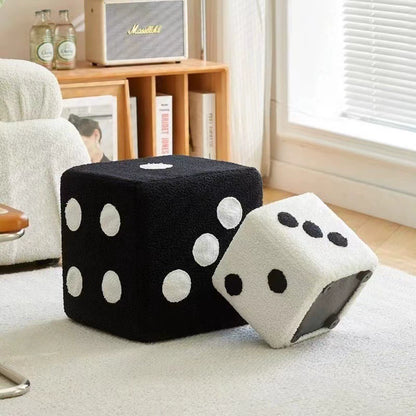 Nordic Mid-Century Dice Stool – Solid Wood & Sheepskin Entryway Bench, Black and White Shoe Storage Ottoman