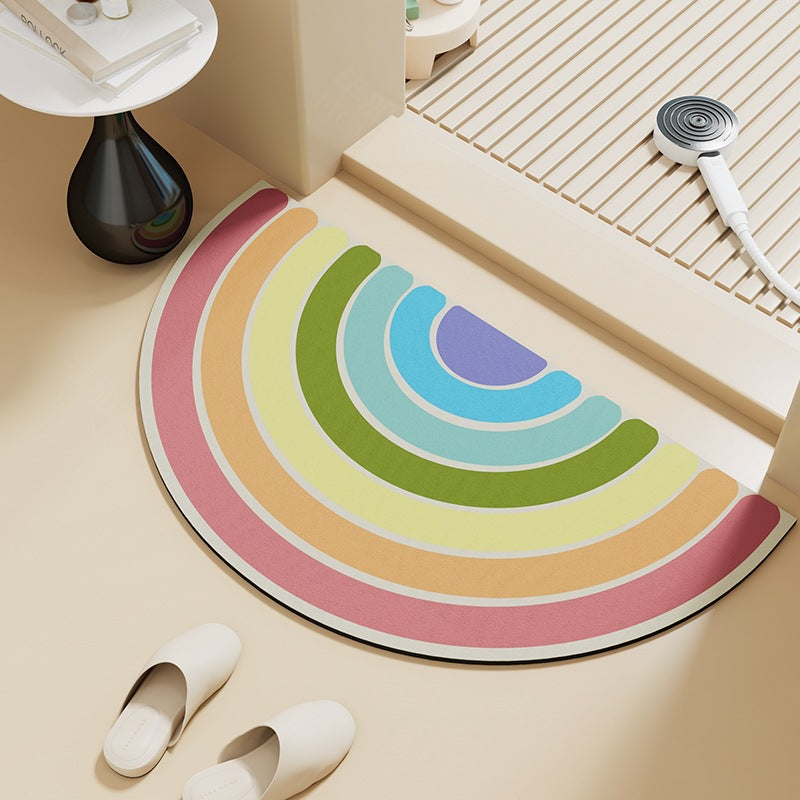 Cartoon Print Semi-Circle Bath Mat - Super Absorbent Algae Silica, Anti-Slip & Easy Clean | Kids-Friendly Bathroom Rug for Humid Climates