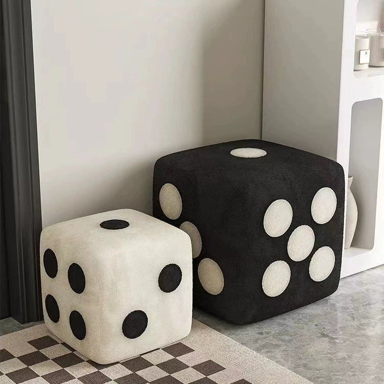 Nordic Mid-Century Dice Stool – Solid Wood & Sheepskin Entryway Bench, Black and White Shoe Storage Ottoman