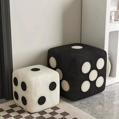 Nordic Mid-Century Dice Stool – Solid Wood & Sheepskin Entryway Bench, Black and White Shoe Storage Ottoman