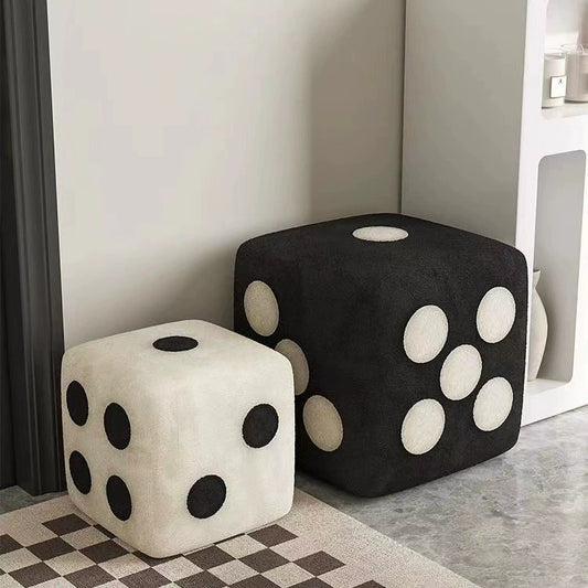 Nordic Mid-Century Dice Stool – Solid Wood & Sheepskin Entryway Bench, Black and White Shoe Storage Ottoman