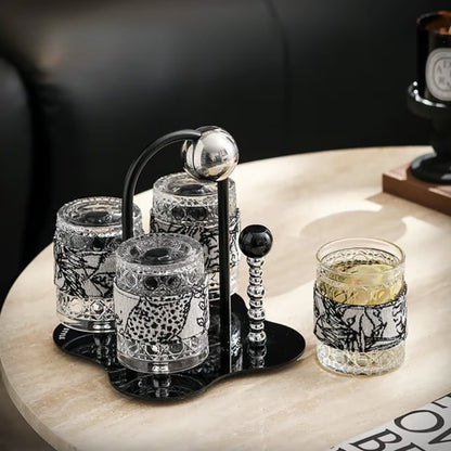 Premium Cream Style Luxury Drinkware Set - Lead-Free Glass Cups with Acrylic Tray, Modern Home Entertaining Essentials