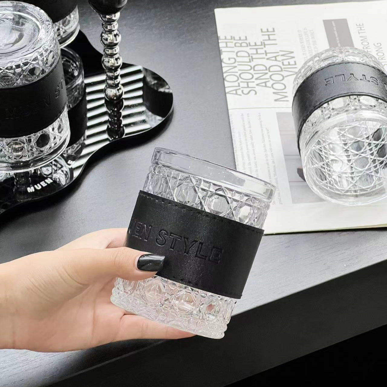 Premium Cream Style Luxury Drinkware Set - Lead-Free Glass Cups with Acrylic Tray, Modern Home Entertaining Essentials