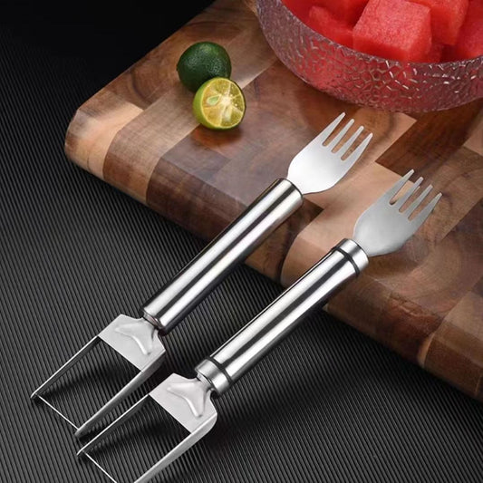 2-in-1 Stainless Steel Watermelon Cutter & Fork Slicer – Dual-Head Fruit Tool with Comfort Round Handle for Fruit Cubes (2 Pack)