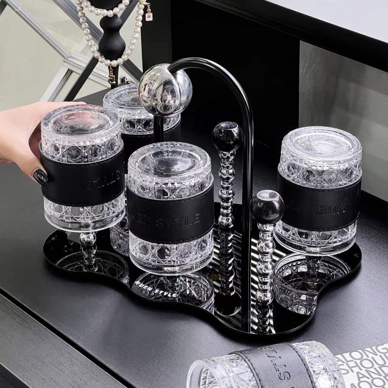 Premium Cream Style Luxury Drinkware Set - Lead-Free Glass Cups with Acrylic Tray, Modern Home Entertaining Essentials