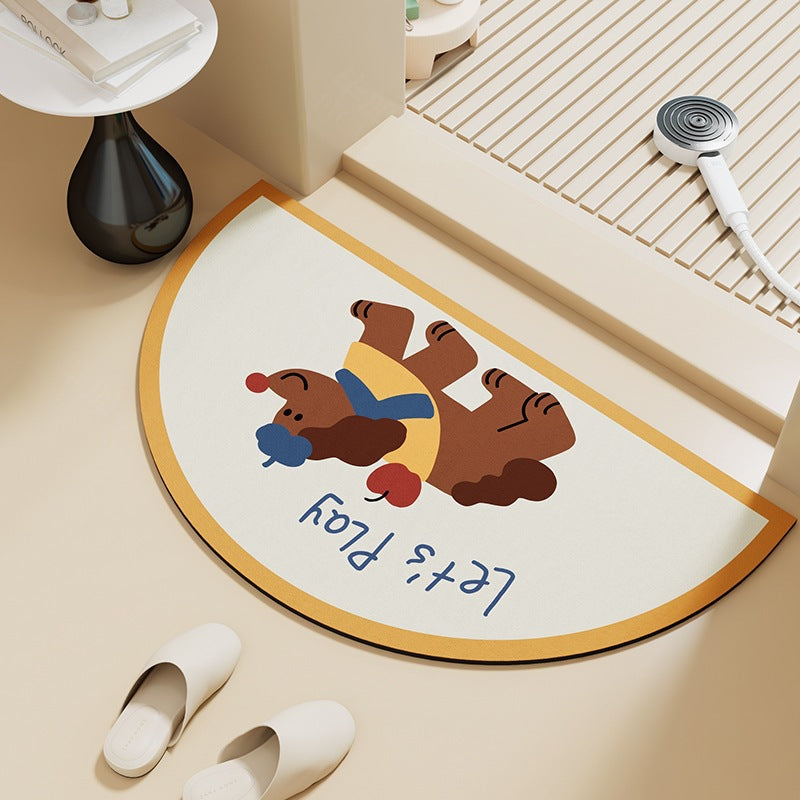 Cartoon Print Semi-Circle Bath Mat - Super Absorbent Algae Silica, Anti-Slip & Easy Clean | Kids-Friendly Bathroom Rug for Humid Climates