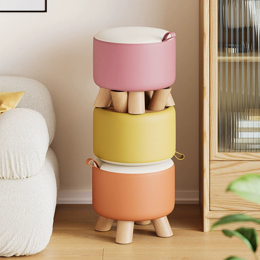 Modern Solid Wood Stool - Versatile Upholstered Ottoman with Handle for Entryway, Living Room, or Bedroom