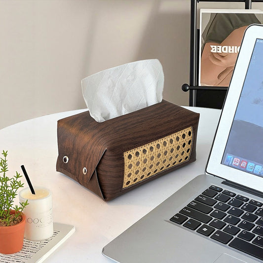 Wood & Leather Tissue Box Cover - Waterproof Mid-Century Modern Design for Living Room, Car, Bathroom