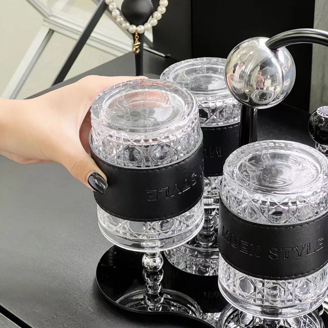 Premium Cream Style Luxury Drinkware Set - Lead-Free Glass Cups with Acrylic Tray, Modern Home Entertaining Essentials