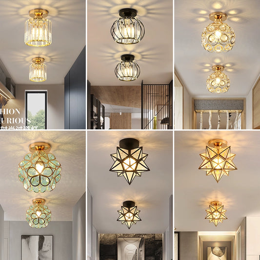 Nordic Modern Crystal Ceiling Light - Minimalist Hallway, Entryway, and Balcony Lighting with Iron & Glass Design (Multiple Finishes)