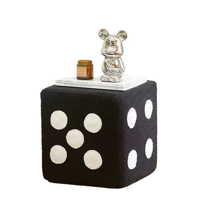 Nordic Mid-Century Dice Stool – Solid Wood & Sheepskin Entryway Bench, Black and White Shoe Storage Ottoman