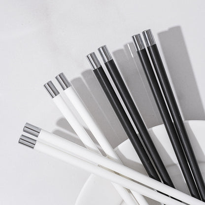 Anti-Mold Ceramic Chopsticks with Lucky 'Fu' Engraving & Silver-Copper Tips - Modern Black-White Kitchenware for Home/Dining