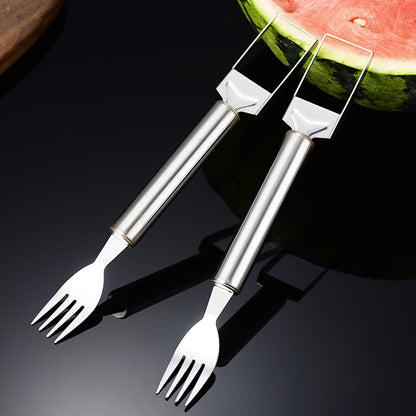 2-in-1 Stainless Steel Watermelon Cutter & Fork Slicer – Dual-Head Fruit Tool with Comfort Round Handle for Fruit Cubes (2 Pack)