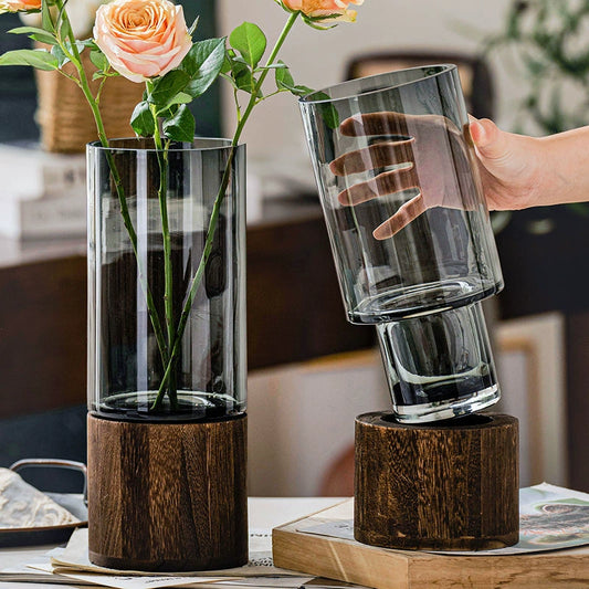 Modern Minimalist Glass Vase with Wooden Base - Black/white Transparent Living Room & Table Decor for Hydroponics, Flowers, or Dry Stem
