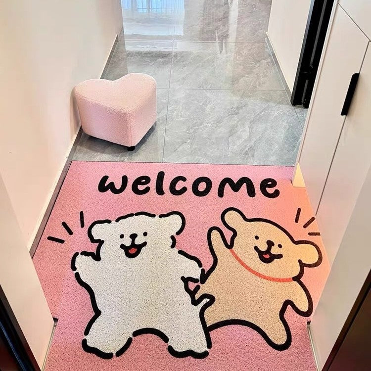 Cartoon Line Art Puppy PVC Carved Pile Coir Mat - Anti-Slip, Dirt-Resistant Entryway Rug for Easy Cleaning