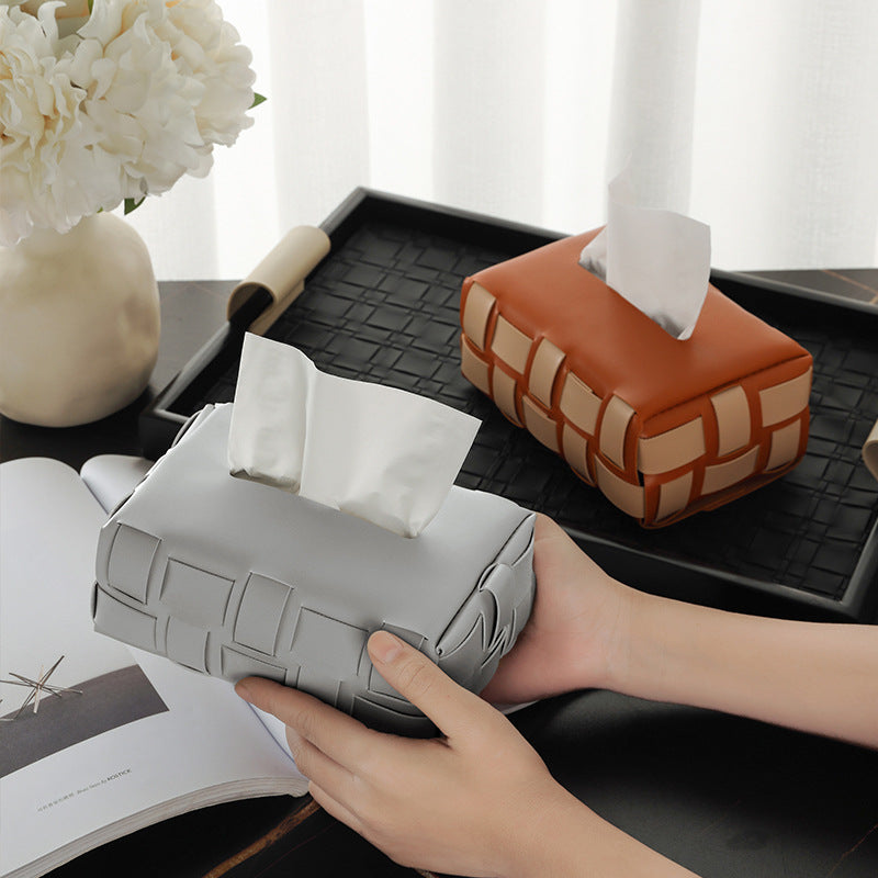 Luxury Leather Woven Tissue Box Cover - Diamond Pattern, Waterproof, for Living Room, Car & Bathroom
