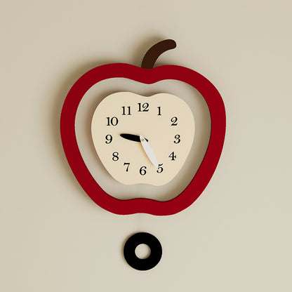 Scandinavian Apple-Shaped Wall Clock with Pendulum - 35x37cm, Silent Modern Decor for Living Room, Bedroom