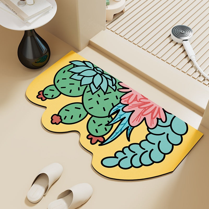 Cartoon Print Semi-Circle Bath Mat - Super Absorbent Algae Silica, Anti-Slip & Easy Clean | Kids-Friendly Bathroom Rug for Humid Climates