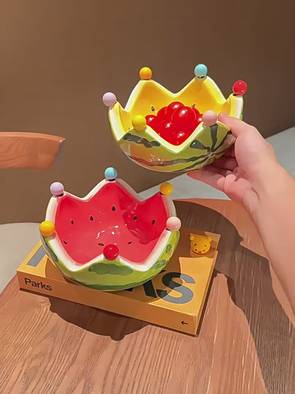 Modern Watermelon Fruit Fork Set with Ceramic Tray | Stainless Steel Forks & Utensil Holder | Minimalist Underglaze Design for Dining Table, Kitchen, and Party Serving